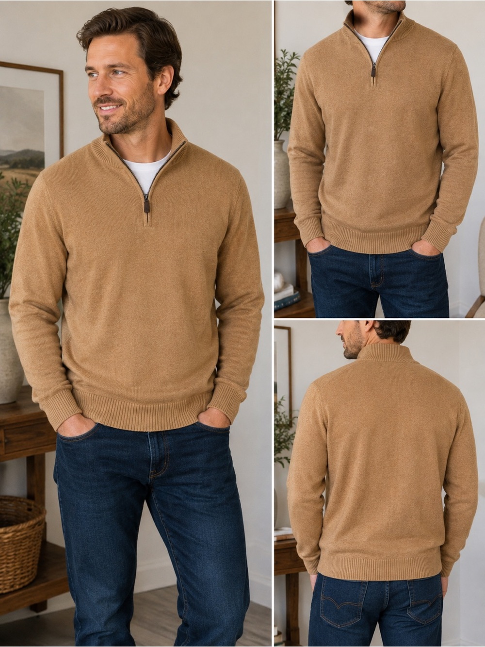J.Crew Men’s 100% Cotton Camel Half-Zip Sweater Size M
